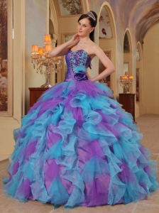 The Most Popular Purple and Aqua Blue Quinceanera Dress Sweetheart Ruffles Organza Ball Gown