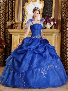 The Super Hot Blue Quinceanera Dress Spaghetti Straps Organza Appliques Ball Gown