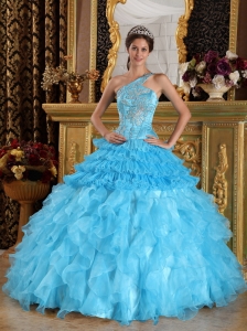 Wonderful Aqua Blue Quinceanera Dress One Shoulder Satin and Organza Beading Ball Gown