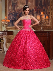 Wonderful Coral Red Quinceanera Dress Strapless Fabric With Rolling Flowers Appliques Ball Gown