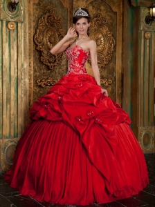 Wonderful Red Quinceanera Dress Sweetheart Taffeta Beading and Appliques Ball Gown