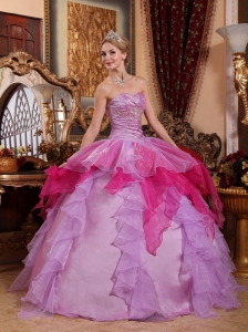 Affordable Lavender and Hot Pink Quinceanera Dress Sweetheart Organza Beading Ball Gown