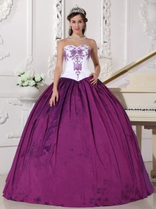 Affordable White and Dark Purple Quinceanera Dress Sweetheart Taffeta Embroidery Ball Gown