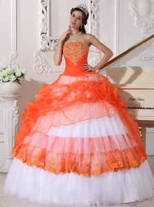 Beautiful Orange and White Quinceanera Dress StraplessTaffeta and Organza Appliques Ball Gown