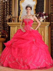 Best Coral Red Sweet 16 Dress Strapless Organza Appliques Ball Gown