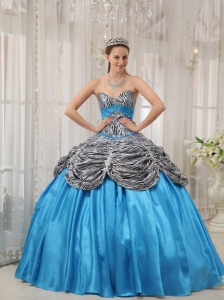 Cheap Aqua Blue Quinceanera Dress Sweetheart Taffeta and Zebra or Leopard Ruffles Ball Gown