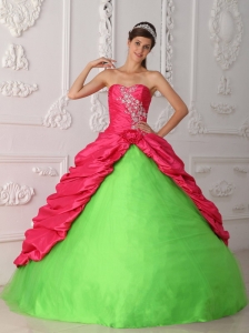 Cute Spring Green and Red Quinceanera Dress Sweetheart Taffeta Appliques and Ruch Ball Gown