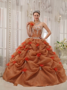 Discount Rust Red Quinceanera Dress One Shoulder Organza Appliques Ball Gown