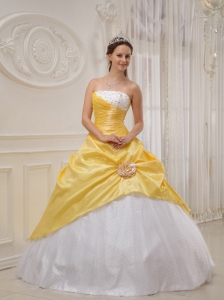 Discount Yellow and White Sweet 16 Dress Strapless Taffeta and Tulle Beading Ball Gown