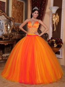 Gorgeous Orange Red Quinceanera Dress V-neck Taffeta and Tulle Beading Ball Gown