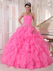 Inexpensive Rose Pink Quinceanera Dress Strapless Organza Beading Ball Gown