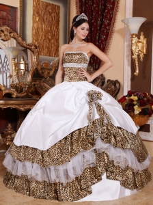 Informal White Quinceanera Dress Strapless Leopard Beading Ball Gown