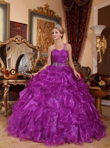 Low Price Purple Quinceanera Dress One Shoulder Organza Beading Ball Gown