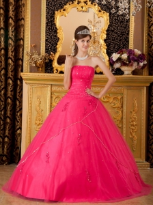 Low Prince Hot Pink Sweet 16 Dress Strapless Tulle Appliques A-line / Princess