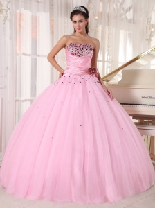 Luxurious Baby Pink Quinceanera Dress Strapless Tulle Beading and Ruch Ball Gown