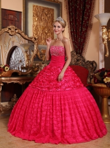 Luxurious Red Quinceanera Dress Strapless Fabric With Roling Flowers Beading A-line