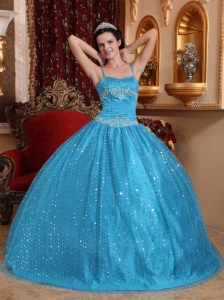 Modest Blue Quinceanera Dress Spaghetti Straps Sequined Beading  Ball Gown