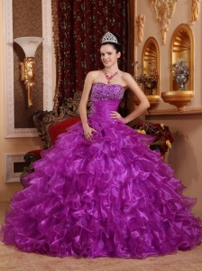 Pretty Purple Quinceanera Dress Strapless Organza Beading Ball Gown