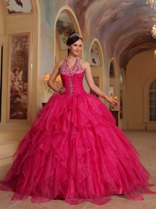 Romantic Hot Pink Quinceanera Dress Halter Organza Embroidery Ball Gown