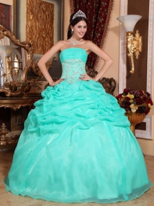 Romantic Turquoise Quinceanera Dress Strapless Organza Appliques Ball Gown