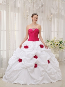 Sexy Hot Pink and White Quinceanera Dress Strapless Taffeta Hand Made Flower Ball Gown