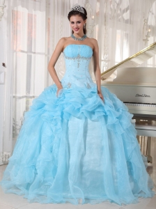 Wonderful Baby Blue Quinceanera Dress Strapless Organza Beading Ball Gown