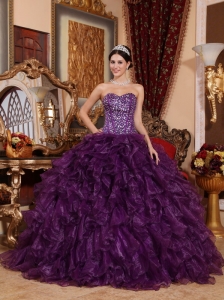 Affordable Dark Purple Quinceanera Dress Sweetheart Organza Sequins Ball Gown