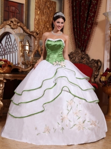 Cheap Spring Green and White Quinceanera Dress  Strapless Organza Embroidery Ball Gown