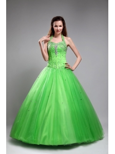 Cute Spring Green Sweet 16 Dress Halter Tulle Beading Ball Gown