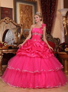 Discount Hot Pink Quinceanera Dress One Shoulder Organza Beading and Pick-ups Ball Gown
