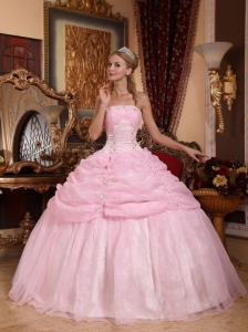 Gorgeous Baby Pink Quinceanera Dress Strapless Organza Appliques Ball Gown