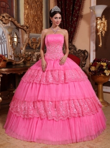 Lovely Rose Pink Quinceanera Dress Strapless Organza Lace Appliques Ball Gown