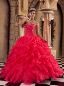 Low Price Red Sweet 16 Dress Sweetheart Organza Ruffles Ball Gown