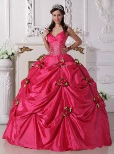 Luxurious Hot Pink Quinceanera Dress Spaghetti Straps Taffeta Beading Ball Gown