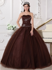 Modest Brown Quinceanera Dress Sweetheart Tulle Rhinestones Ball Gown