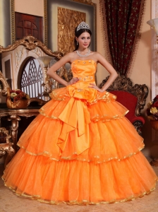 Popular Orange Quinceanera Dress Strapless Organza Ruffles Ball Gown