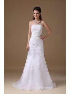 Beautiful A-line Strapless Brush Train Taffeta Lace Wedding Dress