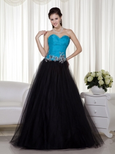 Blue and Black A-line Sweetheart Floor-length Taffeta and Tulle Appliques Prom Dress