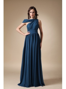 Navy Blue Empire Asymmetrical Floor-length Ruch Chiffon Prom / Evening Dress
