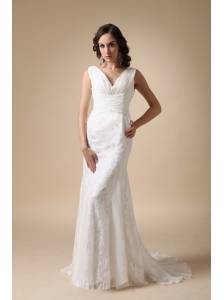 Fashionable Column V-neck Brush Train Chiffon and Lace Ruch Wedding Dress
