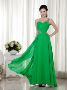Green Empire One Shoulder Ankle-length Chiffon Beading Prom Dress