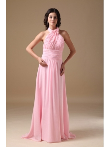 Rose Pink Empire Halter Brush Train Chiffon Ruch Bridesmaid Dress