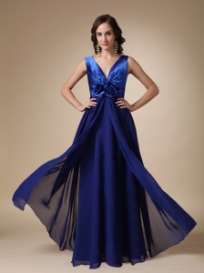 Royal Blue Empire V-neck Floor-length Satin and Chiffon Hand Made Flower Prom / Evening Dress