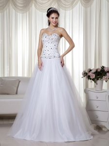 White A-line Sweetheart Floor-length Taffeta and Tulle Beading Prom Dress