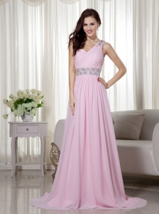 Baby Pink Empire One Shoulder Brush Train Chiffon Beading and Ruch Prom / Celebrity Dress