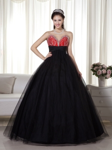 Black and Red Ball Gown Sweetheart Prom Dress Tulle and Taffeta Beading
