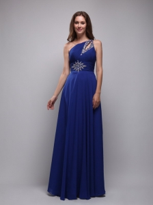 Peacock Blue Empire One Shoulder Floor-length Chiffon Beading Prom Dress