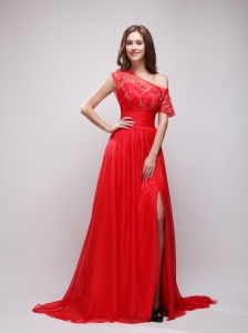 Bright Red Empire Asymmetricalr Chiffon  Prom / Evening Dress with Appliques