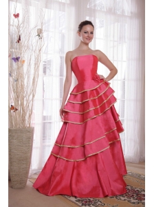 Coral Red A-line / Princess Strapless Floor-length Satin Ruffles Prom Dress