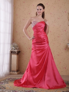 Coral Red A-line / Princess Sweetheart Court Train Taffeta Beading and Ruch Prom / Celebrity Dress
